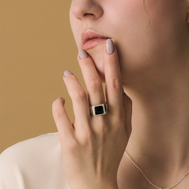 Adjustable Square Black Agate Ring for women