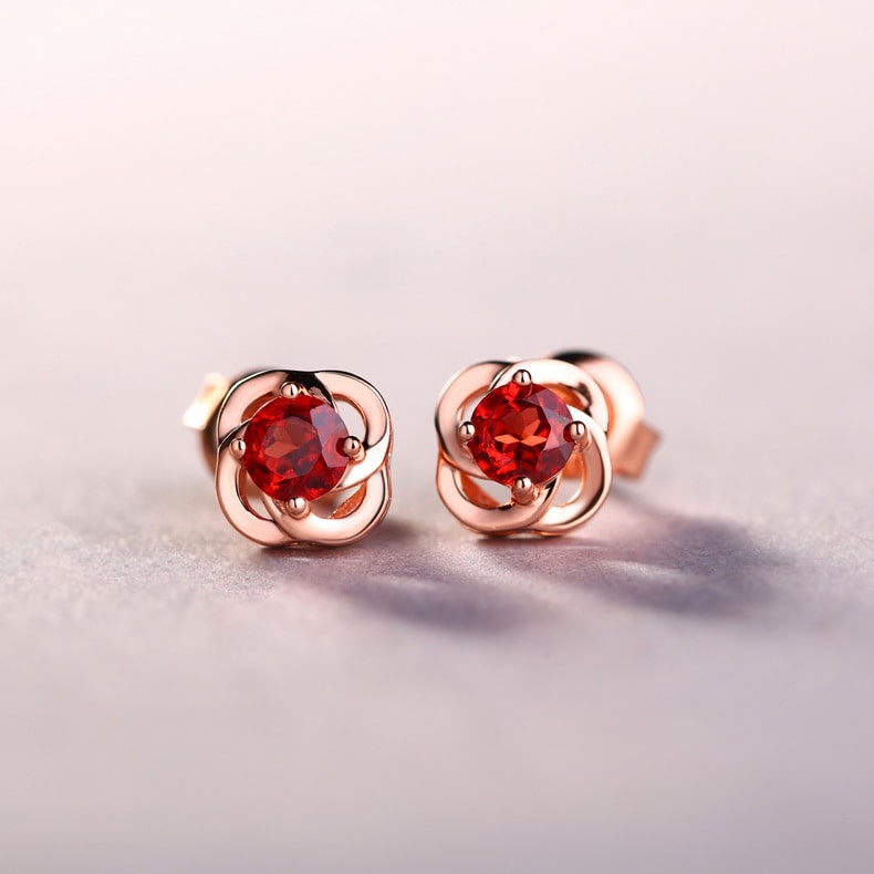 Rose Gold Plated Garnet Ear Studs