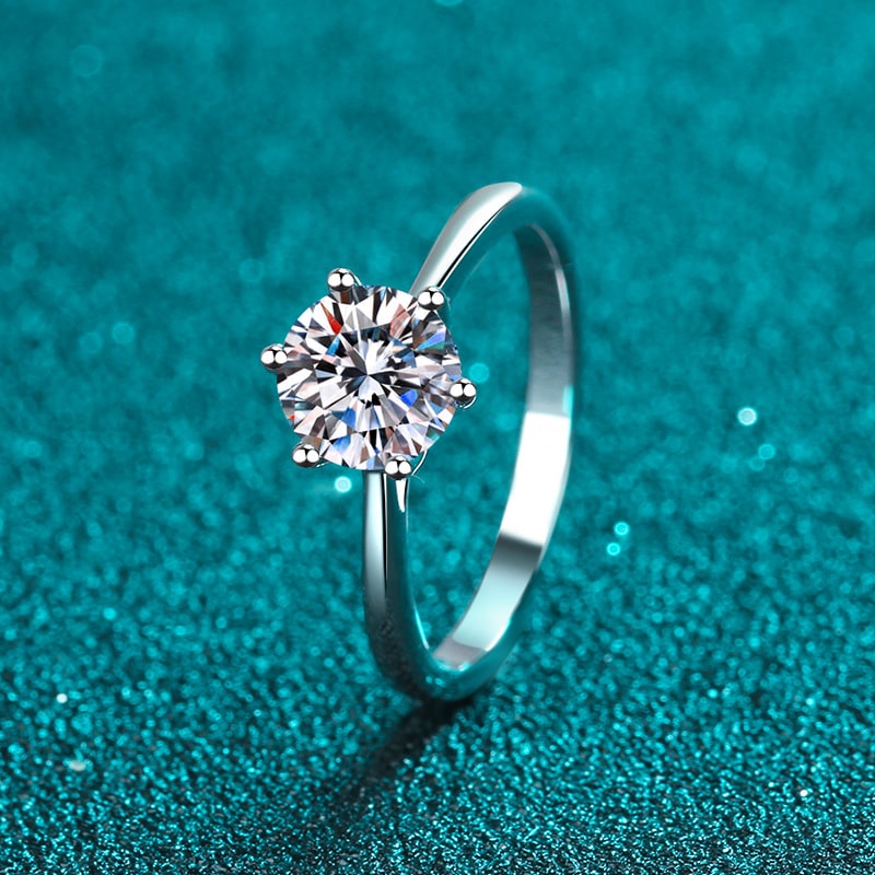 Six prong moissanite sterling silver ring