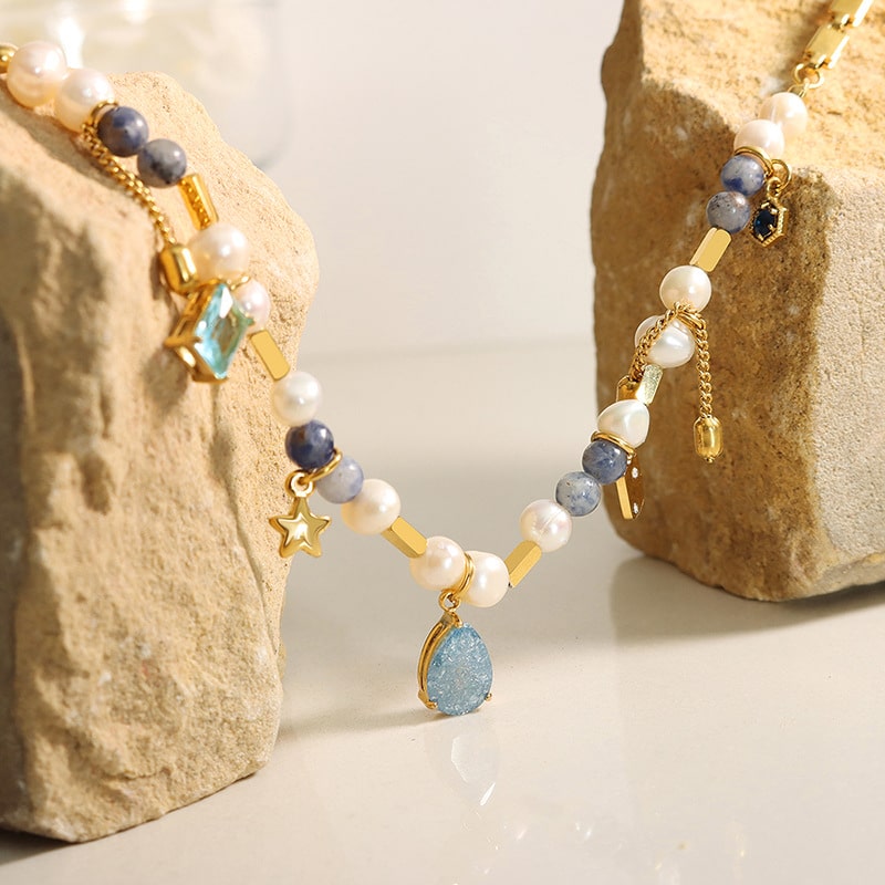 multi stone pearl bead necklace