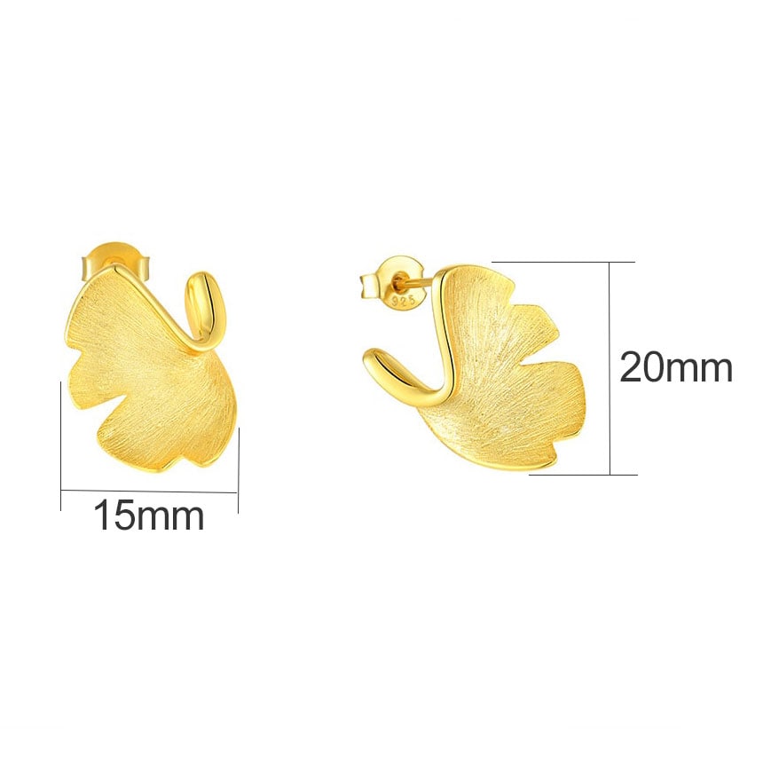 925 Sterling Silver 14k Gold Plated Ginkgo Leaf Ear Studs Size