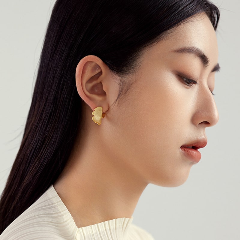 925 Sterling Silver 14k Gold Plated Ginkgo Leaf Ear Studs for Women