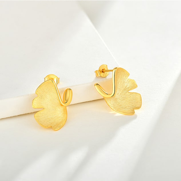 925 Sterling Silver Gold Plated Ginkgo Leaf Ear Studs