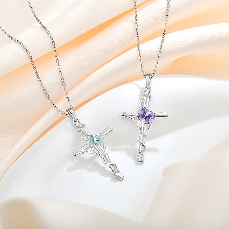 Aquamarine and Purple Cubic Zirconia Cross Necklaces