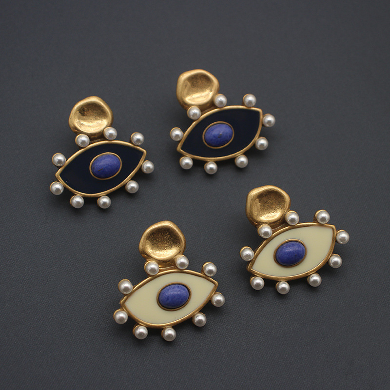 Blue and white Enamel Evil Eye Gold Plated Earrings