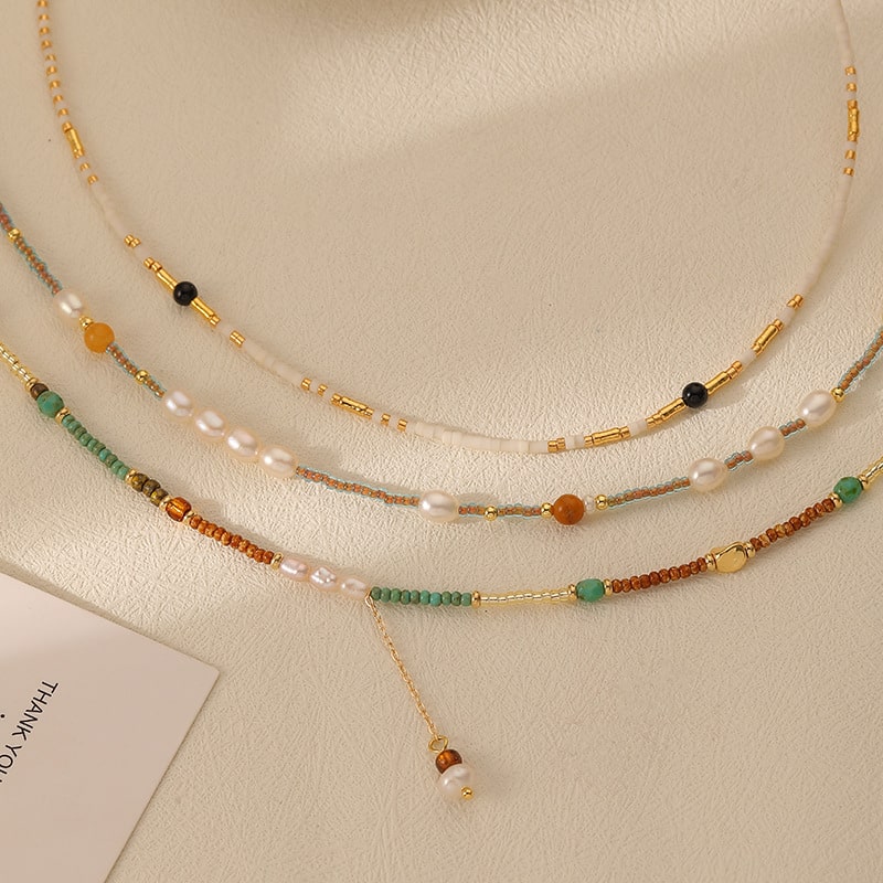Bohemian Pearl Stone Stackable Beaded Necklace