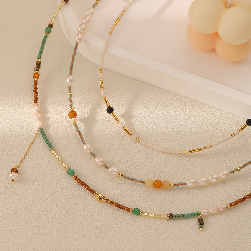Colorful Bohemian Pearl Stone Layered Beaded Necklace