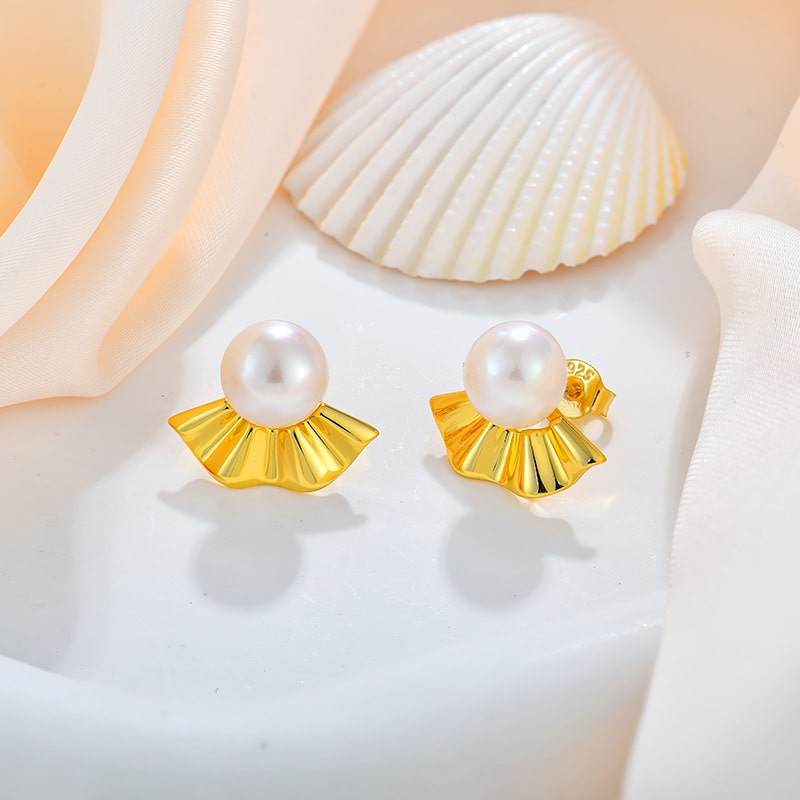 Gold Plated Domed Pearl Stud Earrings