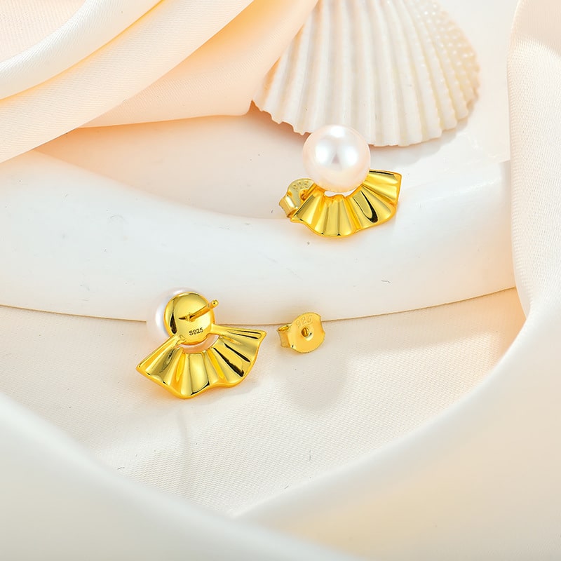 Gold Plated Shell Freshwater Pearl Stud Earrings