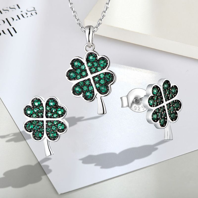 Green Cubic Zirconia Clover Necklace and Earrings