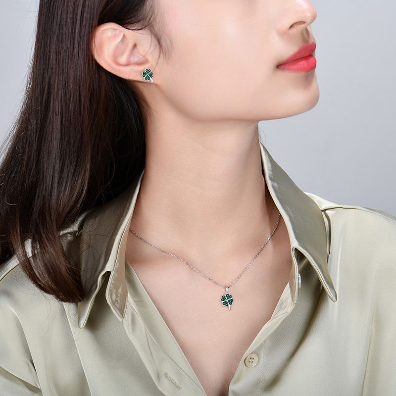 Silver Green Clover Necklace and Ear Studs for Women