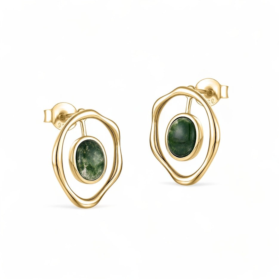 Silver gold plated hoop inlaid moss agate earrings min