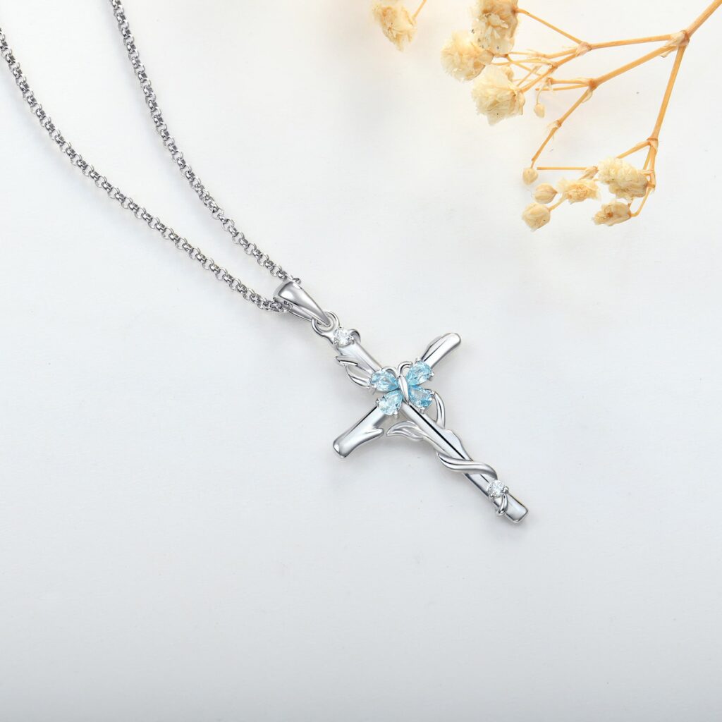 Sterling Silver Aquamarine Cubic Zirconia Cross Pendant Necklace