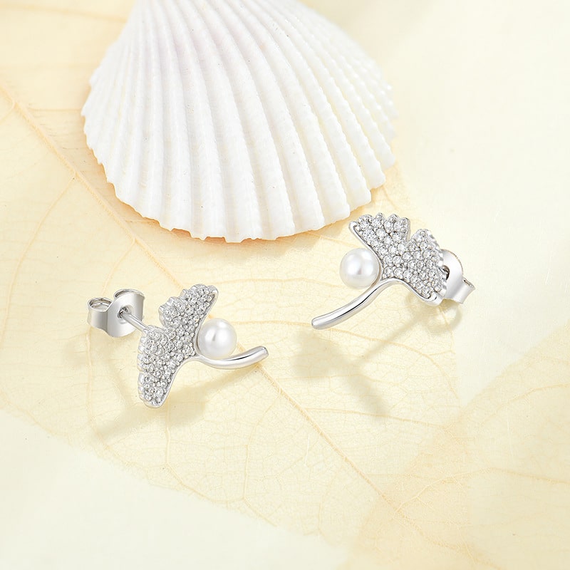 Sterling Silver Ginkgo Leaf Inlaid Pearl Ear Studs