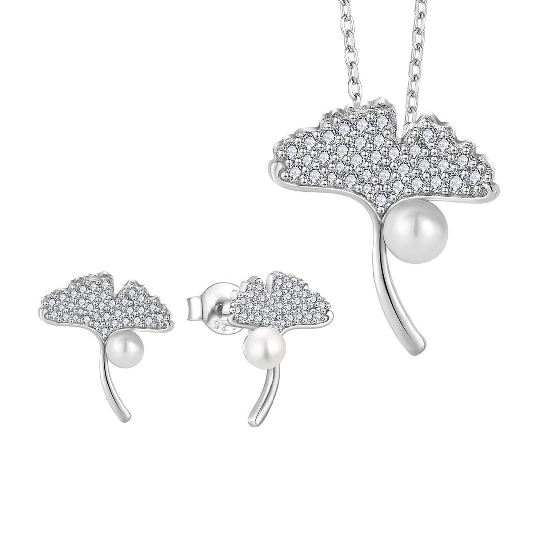 Sterling Silver Ginkgo Leaf Inlaid Pearl Jewelry Set