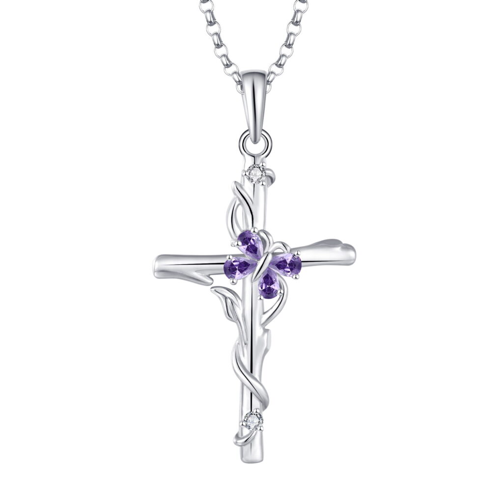 Sterling Silver Purple Cubic Zirconia Cross Pendant Necklace