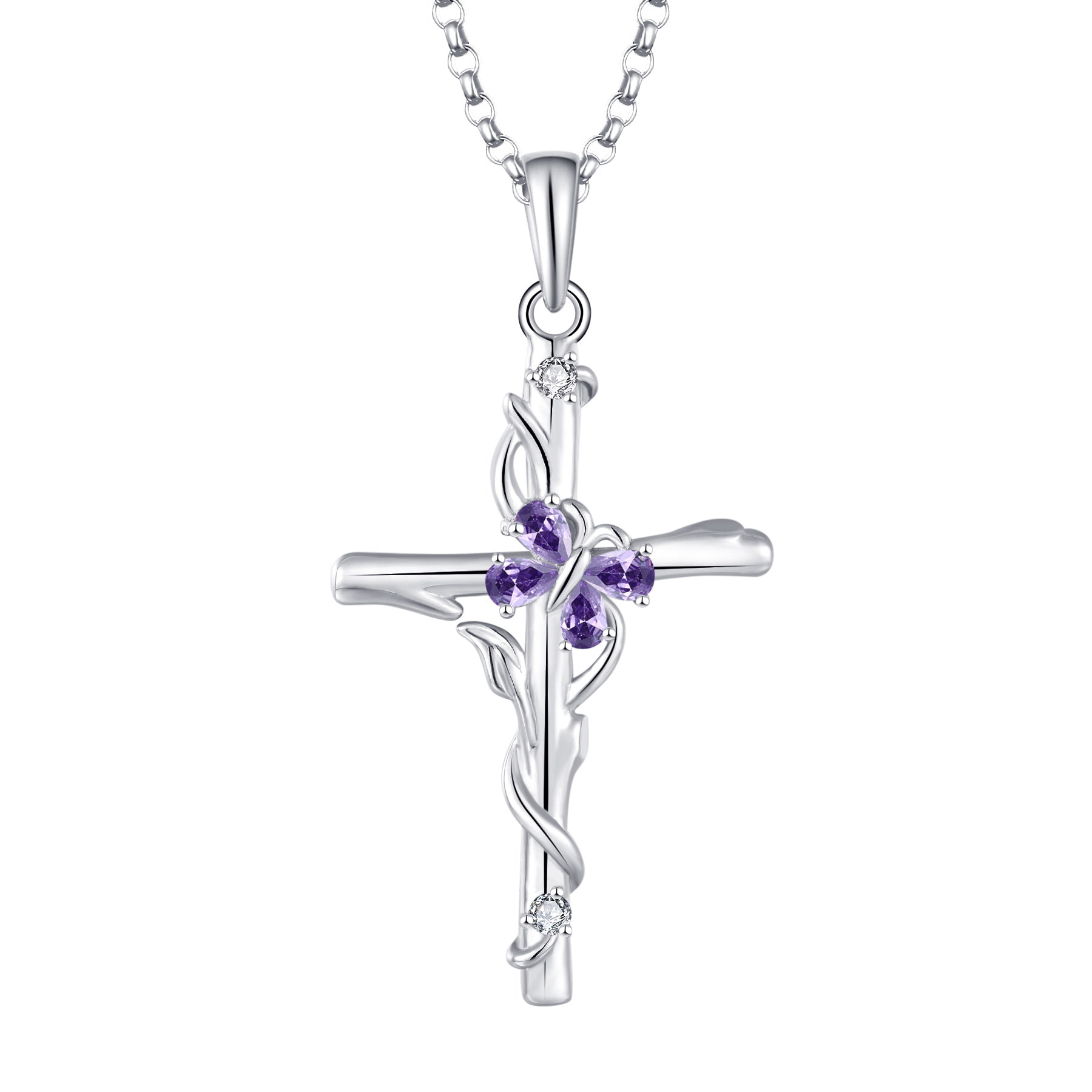 Sterling Silver Purple Cubic Zirconia Cross Pendant Necklace