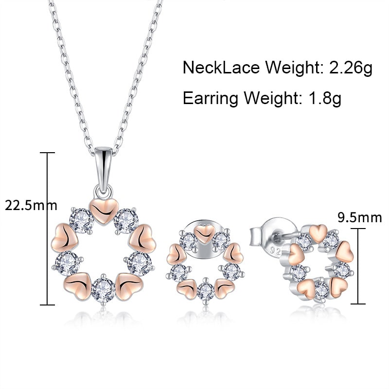 Sterling Silver Rose Gold Plated Love Circle Zircon Necklace and Earring Size