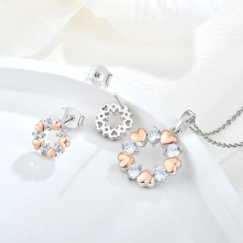 Sterling Silver Rose Gold Plated Love Circle Zircon Necklace and Earrings