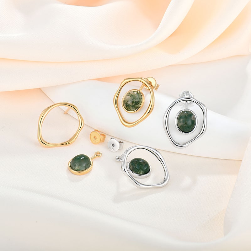 Sterling silver and gold plated moss agate earrings