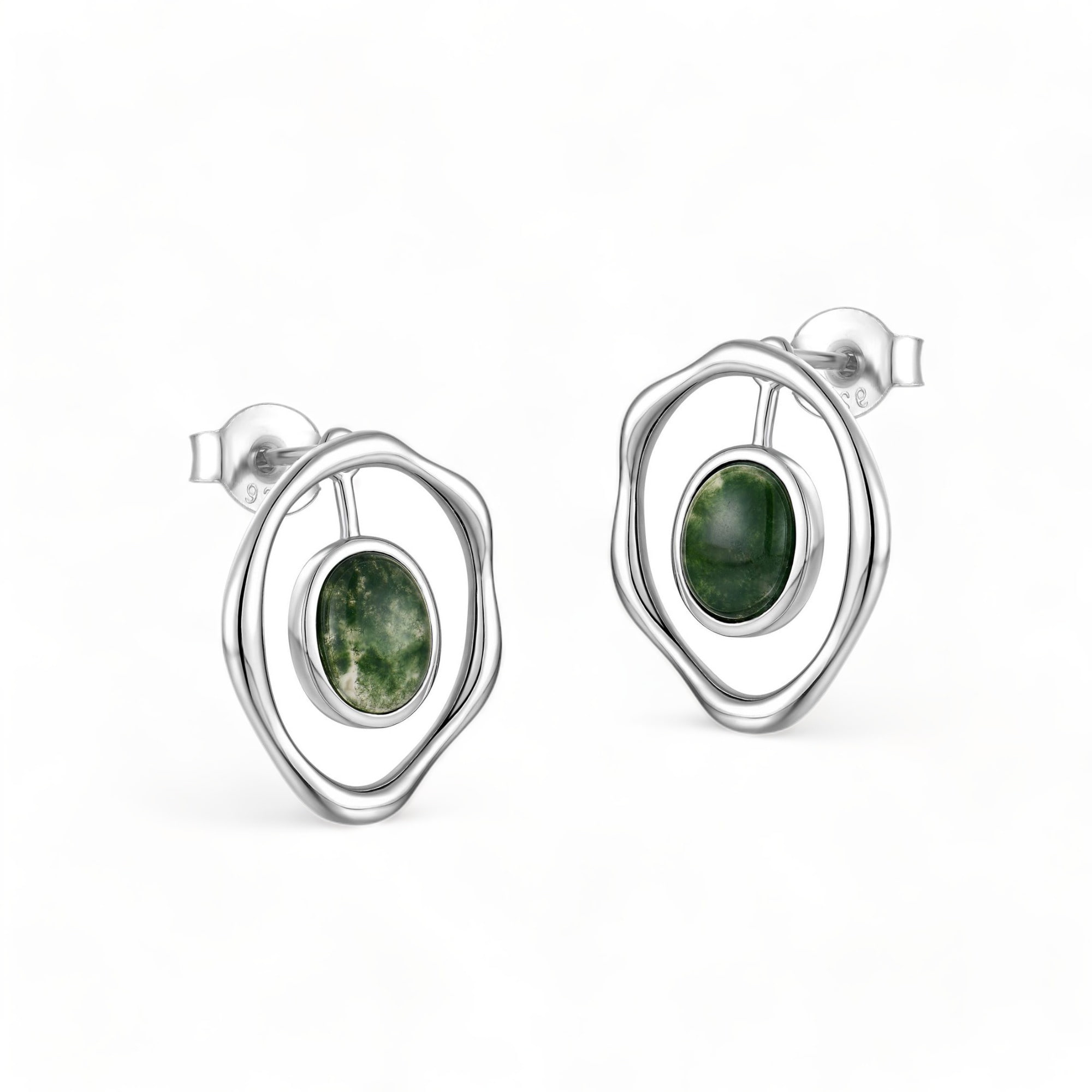 Sterling silver hoop inlaid moss agate ear studs min