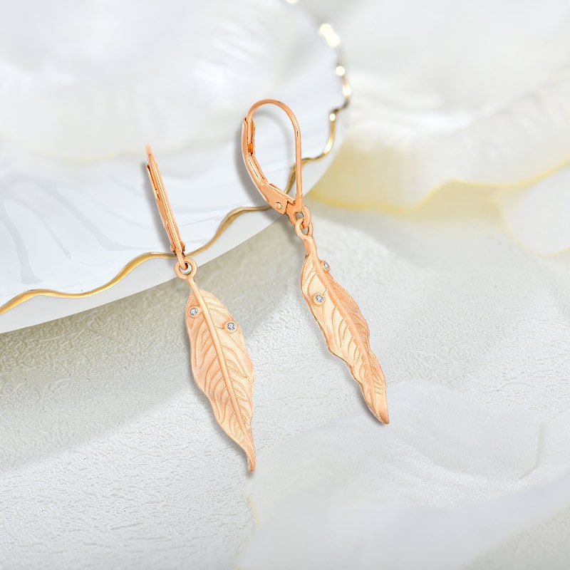 Sterling silver rose gold plated leaf lever back drop earrings