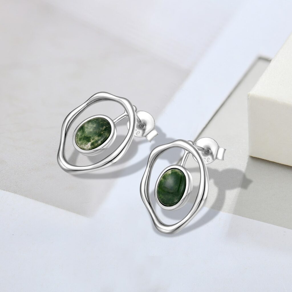 Sterling silver white gold plated hoop inlaid moss agate earrings min