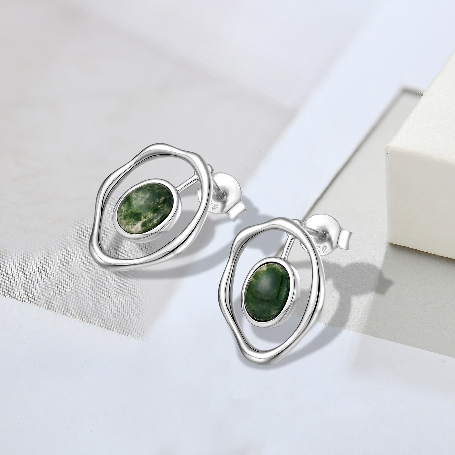 Sterling silver white gold plated hoop inlaid moss agate earrings min
