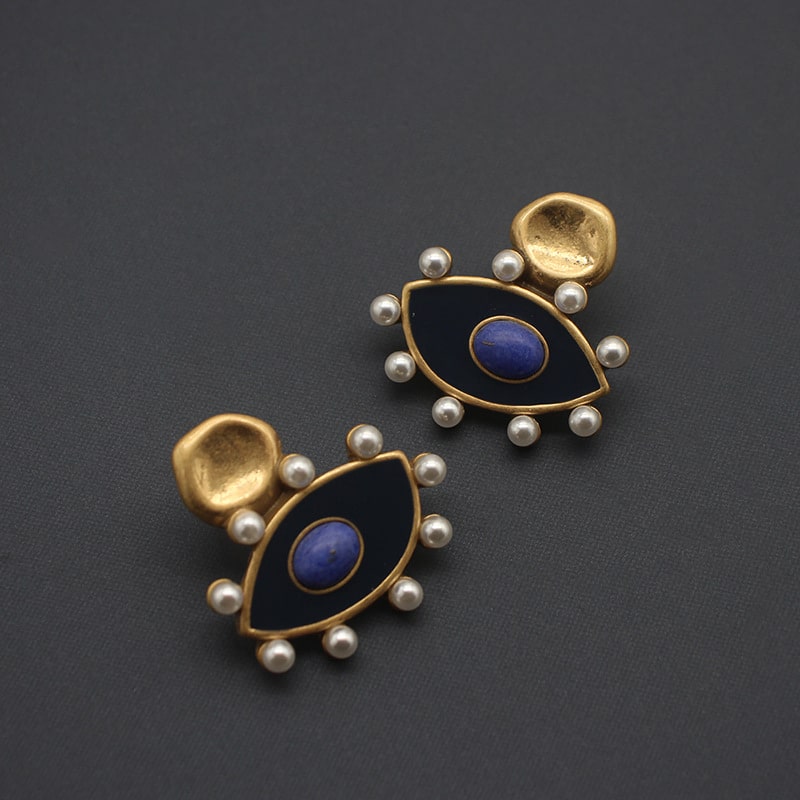Vintage Blue Evil Eye Gold Plated Ear Studs