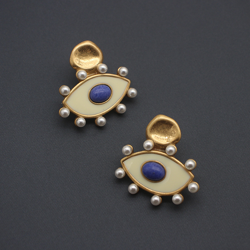 Vintage White Evil Eye Gold Plated Earrings