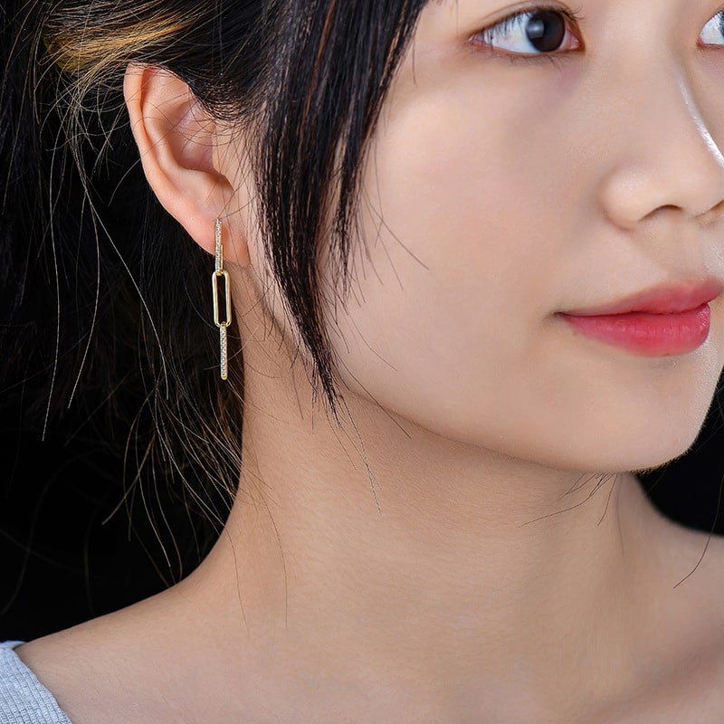 Womens Diamond Large Paper Clip Chain Dangle Earrings